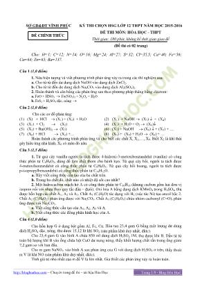Đề thi chọn học sinh giỏi môn Hóa học Lớp 12 THPT - Năm học 2015-2016 - Sở giáo dục và đào tạo Vĩnh Phúc (Có đáp án)